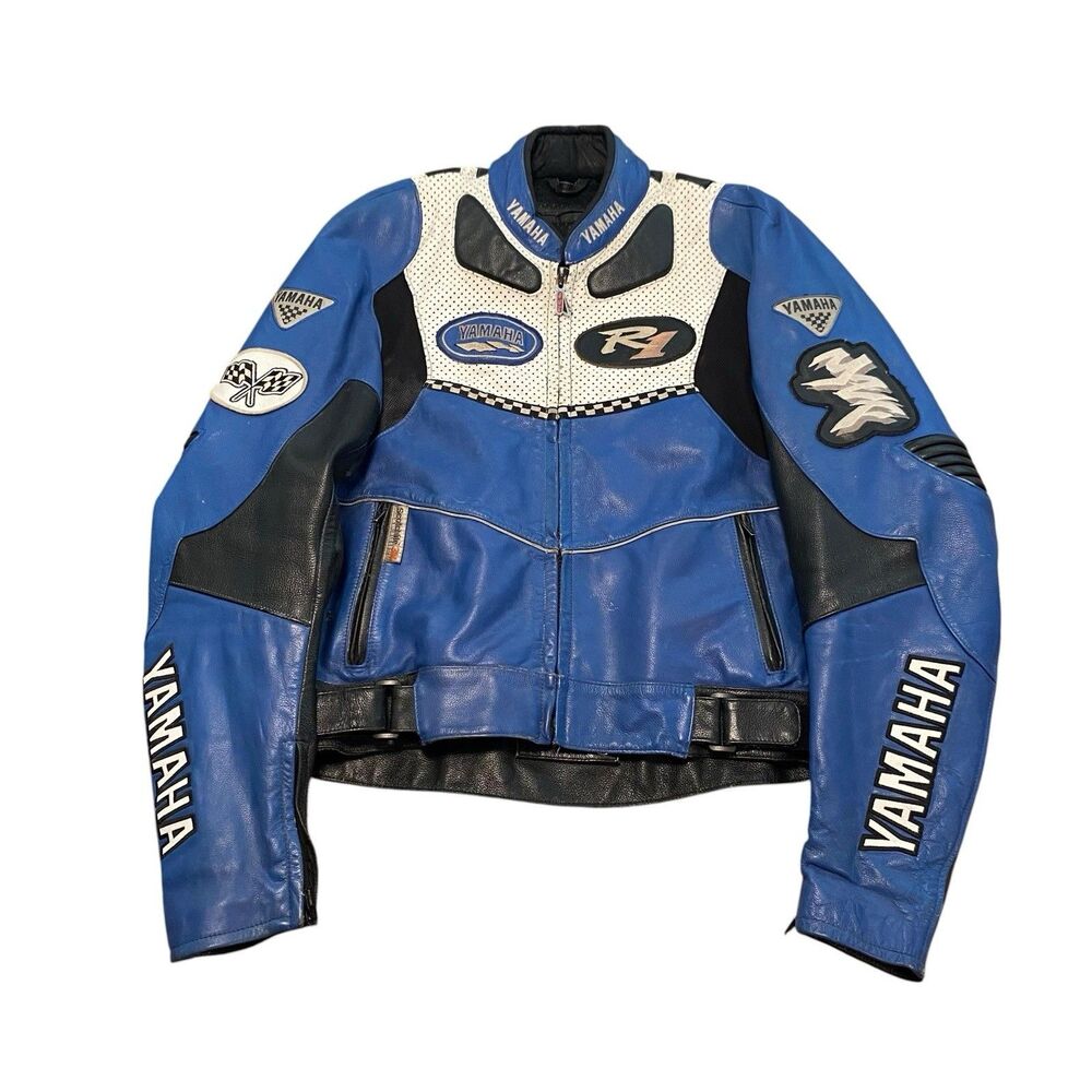 VTG Yamaha Hein Gericke Leather Motorcycle Jacket Padded Riding Blue Y2K Sz 42 S